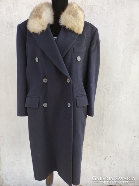 Ezüstróka galléros gyapjú - kasmír klasszikus vonalú női kabát, 42-es méret, sötétkék