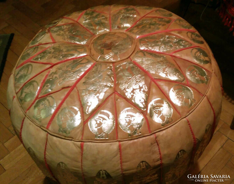 Leather pouf decorated with an Egyptian pattern - camel leather pouf