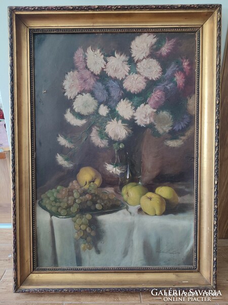 Szánthó Mària  festménye , csendelet almaval szulovel , olaj dekli , 100 x 70 . Kissebb serulessel