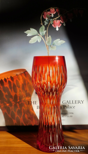 Coral red peeled crystal vase 30.5 Cm