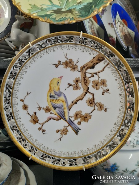 Alt wien fischer & mieg pirkenhammer 1853-1873 hand painted openwork bird plate, bowl. 23 Cm.