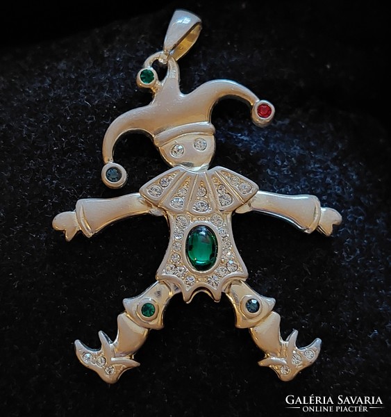 Silver clown pendant with moving parts, colored and white stones