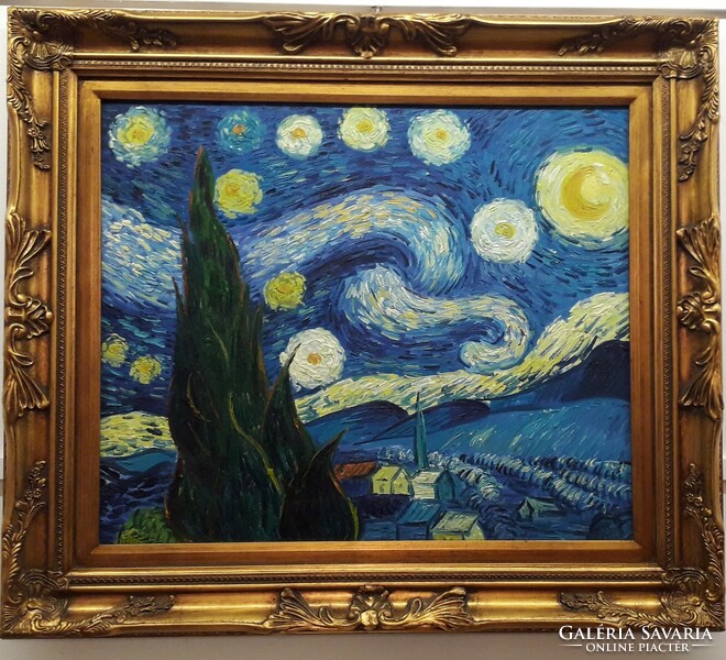 Van Gogh Csillagos éj festmény reprodukció, festőkéses, vastag festékréteggel készült 80x70 cm