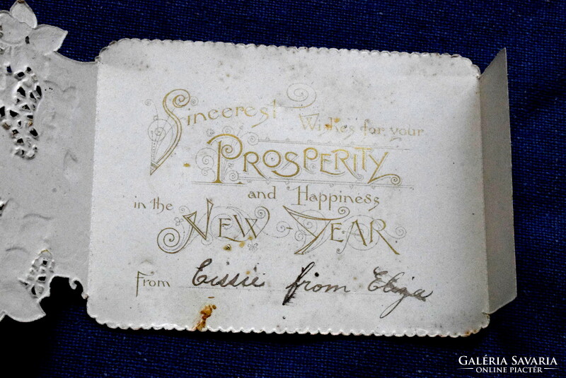 Antik dombornyomott Újévi kinyitható  glitteres üdvözlő kártya , nem képeslap