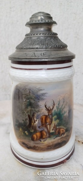 Antique beautiful beer mug with tin lid, hologram, watermark character, deer, wild style,