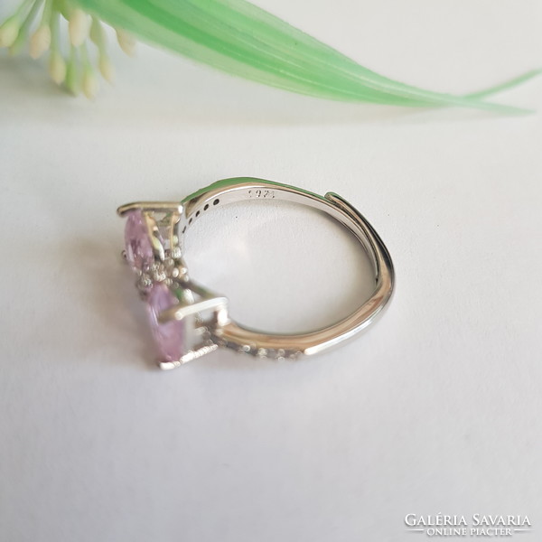 New s925 sterling silver ring with pink crystal rhinestones, bow decoration, adjustable size