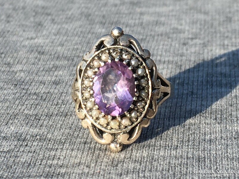 Women's silver ring with amethyst and pearl