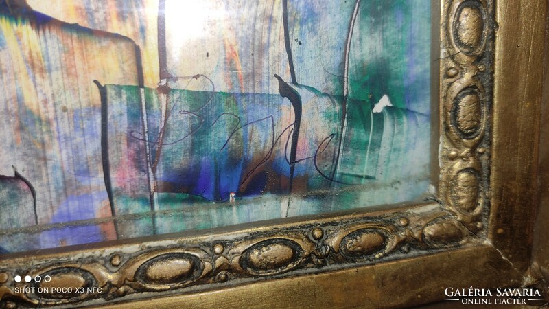 Pompás 136 cm x 67 cm  méretű blondel képkeret tükör keret absztrakt akril festménnyel üveg mögött
