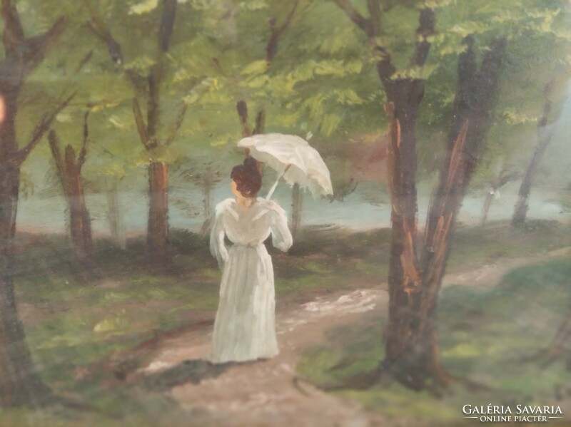 Mesterházy D. : Hölgy napernyővel, erdei sétán