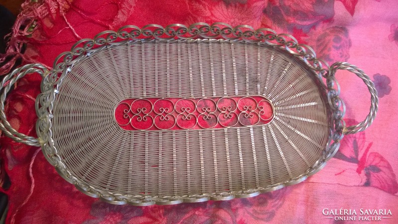 Silver-plated serving tray with filigree handles, handmade tray 34x17 cm