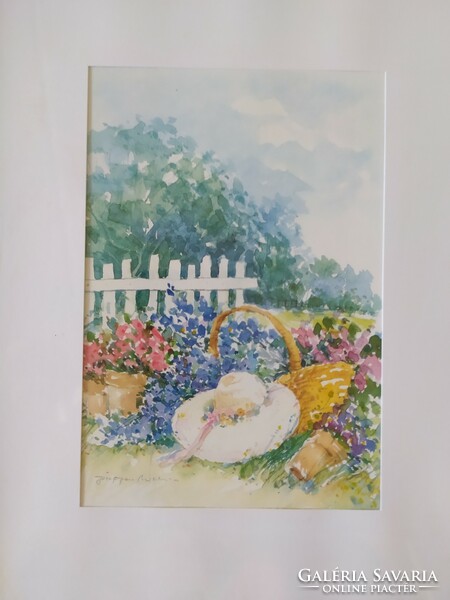 Virágos kert- szignált festmény eredeti, üvegezett keretében, hibátlan 33 x 27 cm