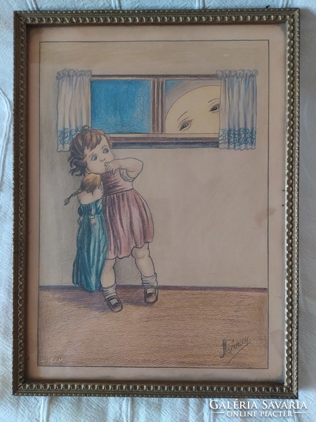 Fearful little girl, signed, flawless drawing, beautiful, in original frame, 32 x 23 cm