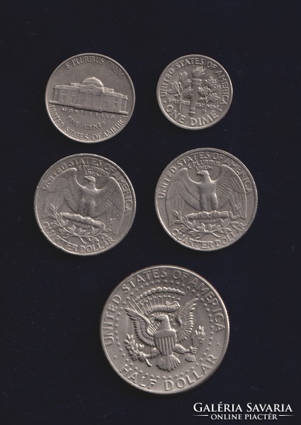 Amerikai Egyesült Államok Cent/Dollar LOT! 5DB 1 cent - 5 cent - 1/2 dollar - 1/4 dollar 1964-1992