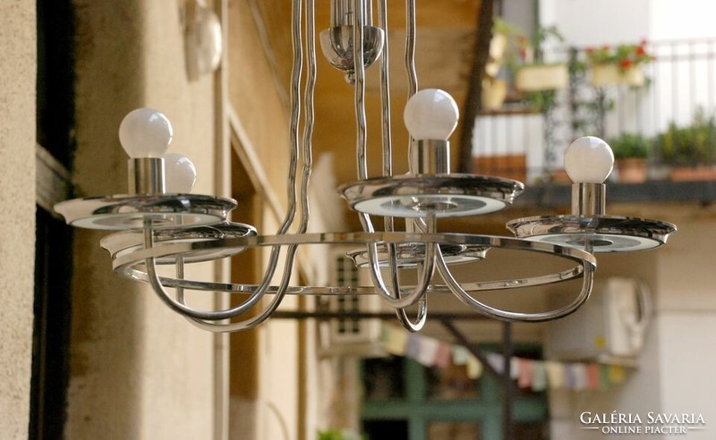 Art deco - Streamline - Bauhaus 5 karos krómozott csillár felújítva - savmart üveglapok