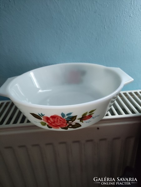 English pink pyrex-Jena-milk glass bowl. Retro/vitange kitchen.