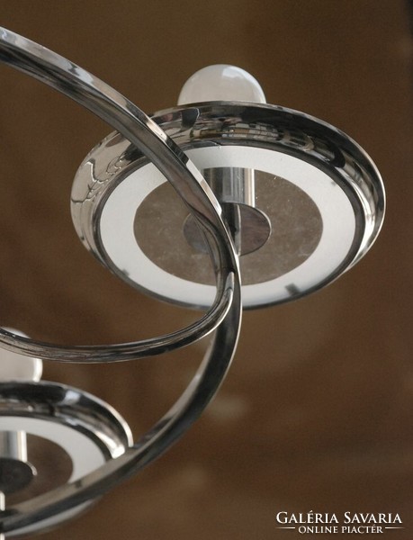 Art deco - Streamline - Bauhaus 5 karos krómozott csillár felújítva - savmart üveglapok