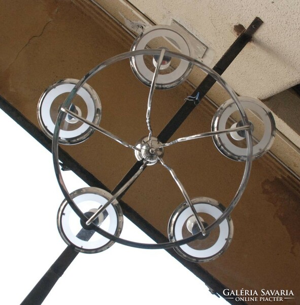Art deco - streamline - bauhaus 5-arm chrome chandelier renovated - acid-stained glass panels