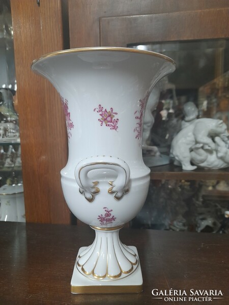 Rare Herend purple Indian basket pattern vase with a base and ears. 24.5 Cm.