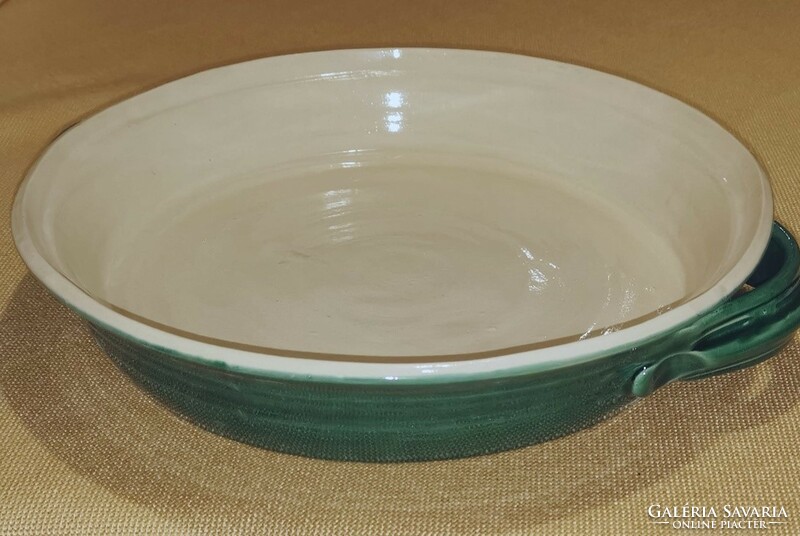 Green beige glazed ceramic pan without lid with scratched decoration