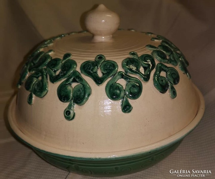 Green beige glazed ceramic bread oven with applique decoration
