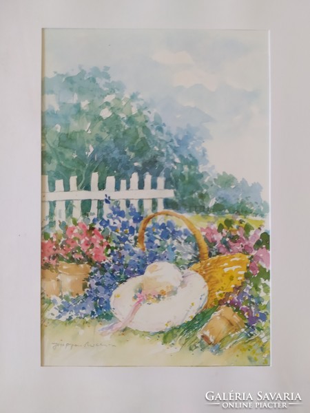 Floral garden - signed painting in original, glazed frame, flawless 33 x 27 cm