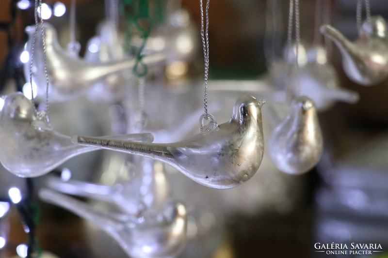 6 darab ezüst színű üveg madárka karácsonyfadísz II.