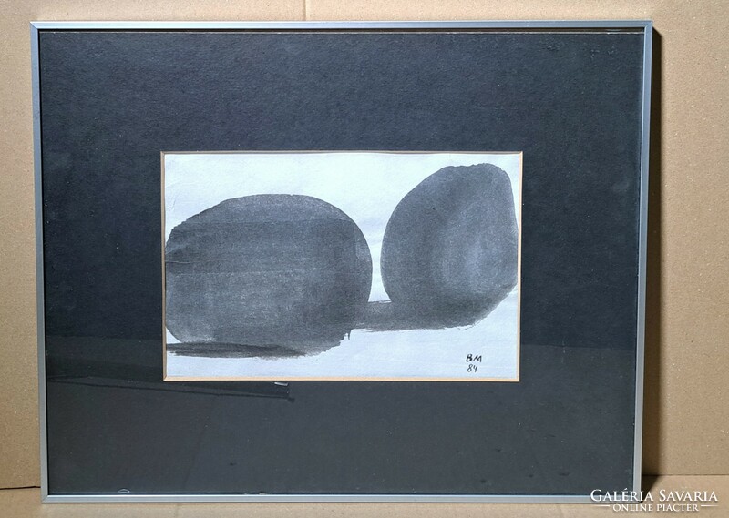 Miklós Borsos: blocks (ink drawing in silver frame) modern abstract painting, r. M.A.K. Label