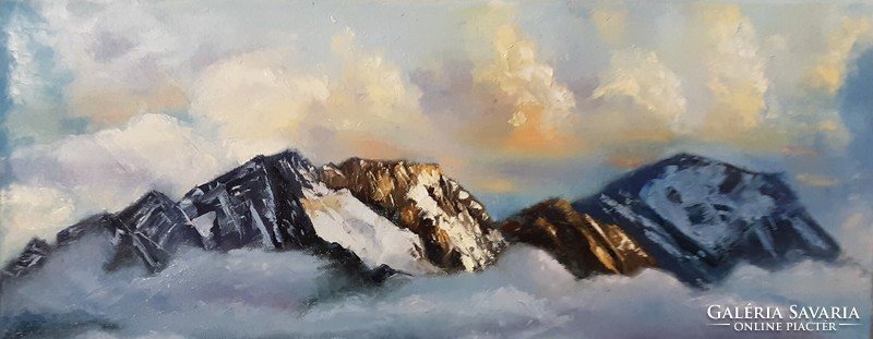 Antyipina Galina: Hegyek a felhőkben, olajfestmény, vászon, festőkés. 20x50cm