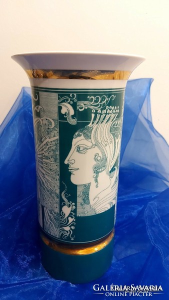 Hollóházi Saxon endre, large porcelain sunshine green vase 30cm