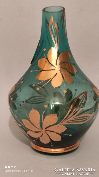 S. Gold-painted green glass vase marked on the side