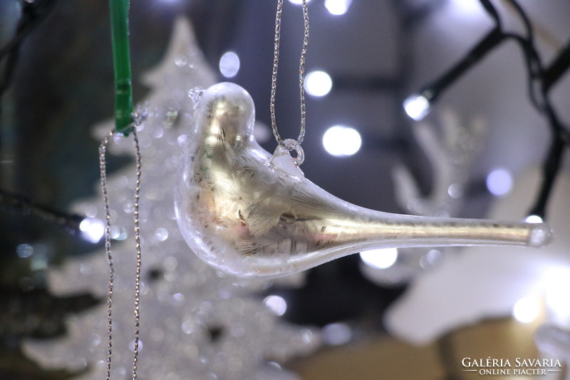 6 darab ezüst színű üveg madárka karácsonyfadísz III.