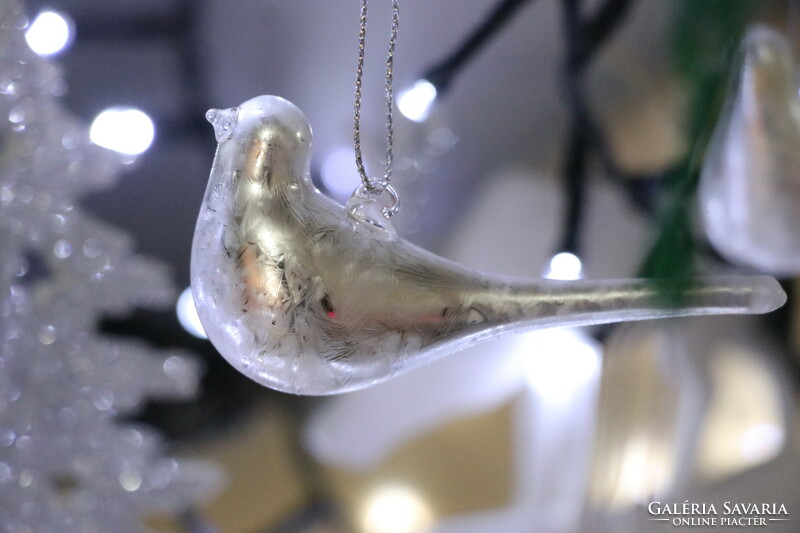 6 darab ezüst színű üveg madárka karácsonyfadísz III.