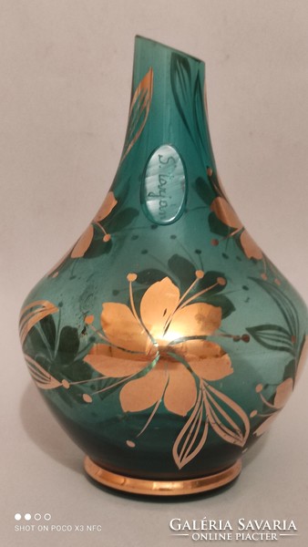 S. Tarján jelzett arany festett zöld üveg váza