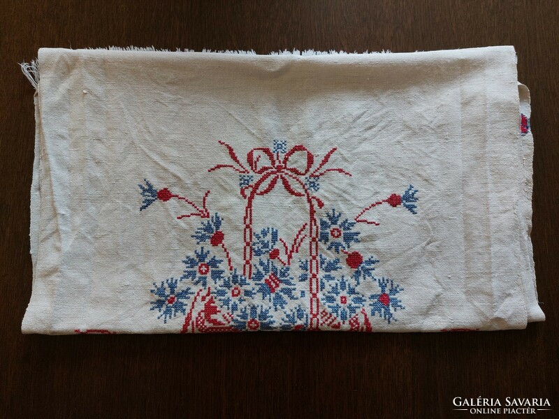 Old textile embroidered folk woven towel flower basket pattern monogrammed 130 cm
