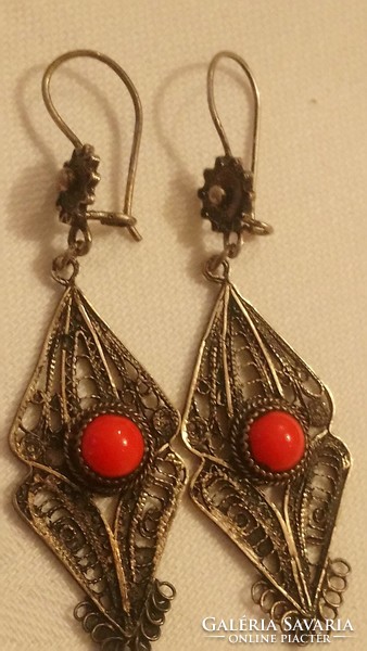 Antique filigree silver earrings with coral gemstones