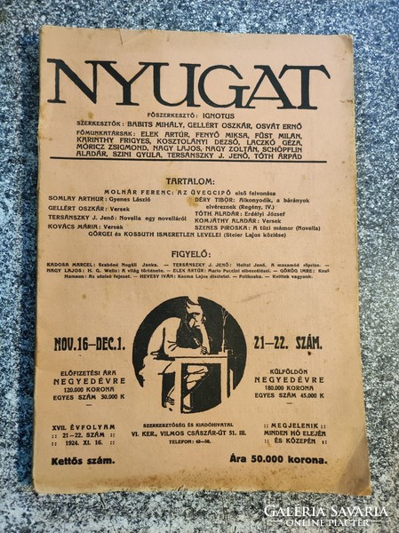 Nyugat folyóirat . 1924 nov.16 - dec. 1. 21-22.szám.