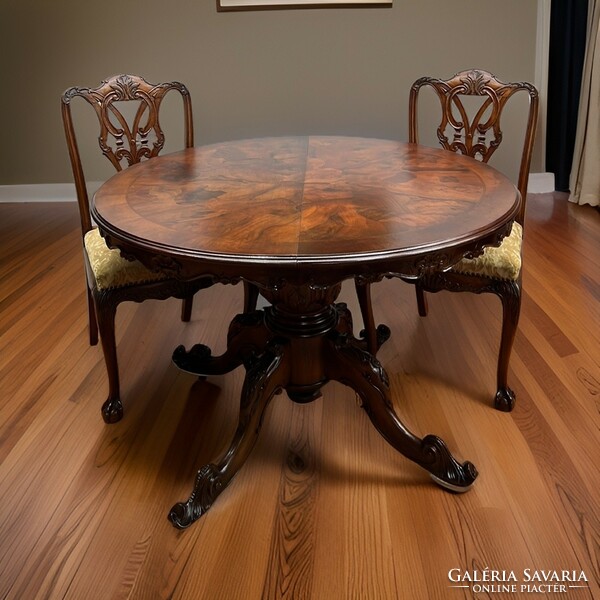 Antik stílusú bővíthető étkezőasztal / tárgyaló asztal 4 db kárpitozott támlás székkel