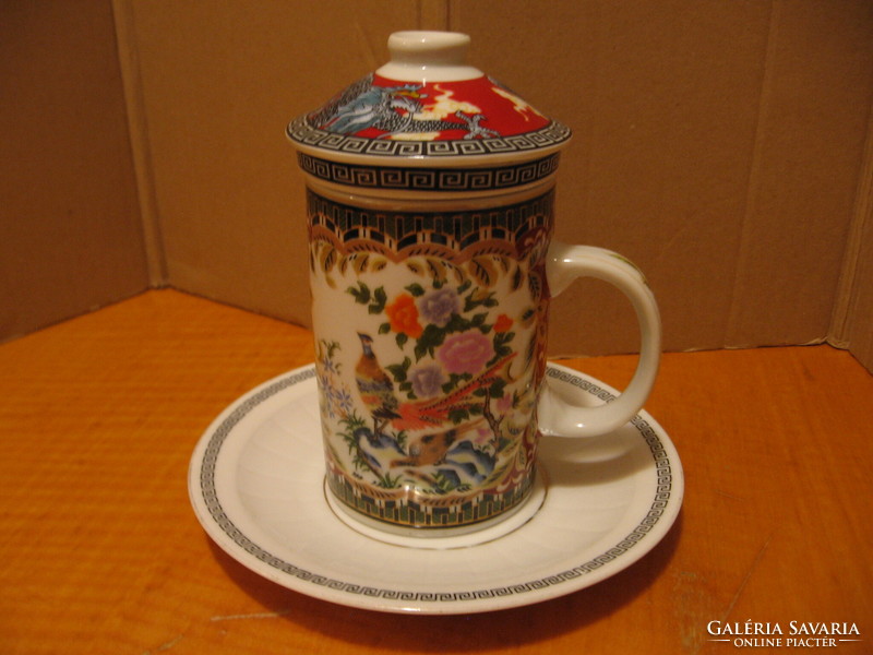 Filtered, lidded nana tea mug with pheasant Chinese pattern
