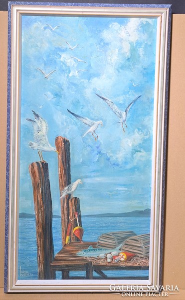 Sirályok - vízparti tájkép (olajfestmény szép keretben) Luiza jelzéssel - madaras tájkép