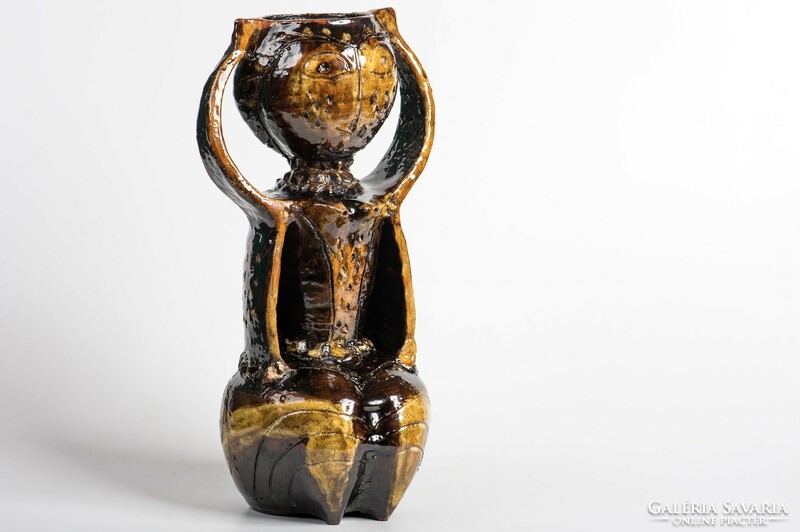 Pázmándy antal scratched glazed ceramic sculpture candle holder - 30 cm