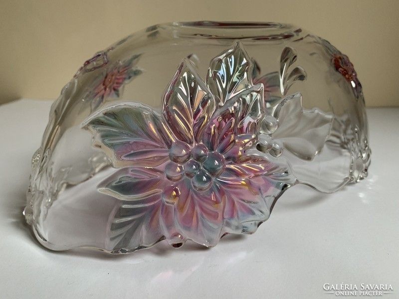 Virágos kristály csónak alakú asztalközép kínáló tál 28 cm x 16 cm x 10 cm