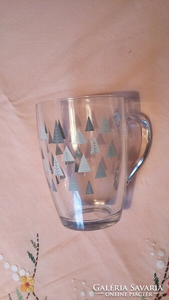 Tea and cappuccino glass mug with a pine tree sticker pattern