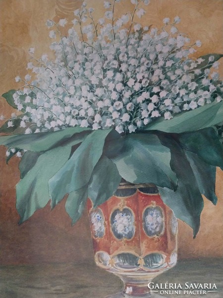 R. Reissmann. Gizella - Gyöngyvirágok - akvarell - jelzett, datált antik kép