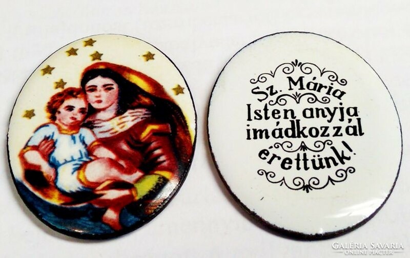 Catholic jewelry with the Madonna and baby Jesus. Fire enamel pendant. With a prayer on the back