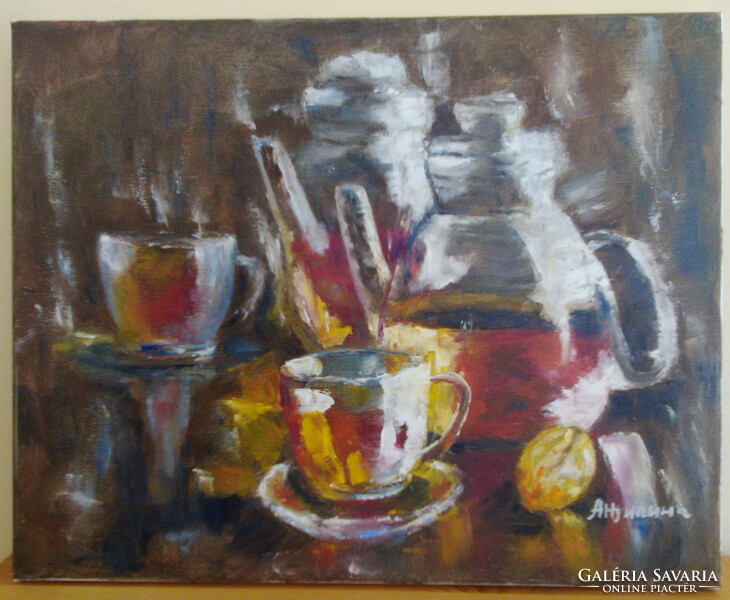 Galina Antiipina: tea set, oil painting, canvas, 40x50cm
