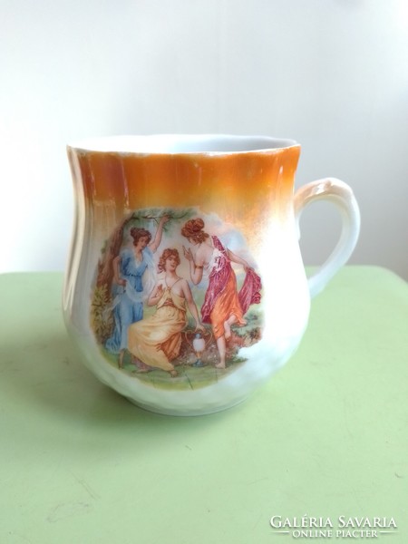 Antique old Zsolnay porcelain belly mug with ears, antique mythological scene, three female figures