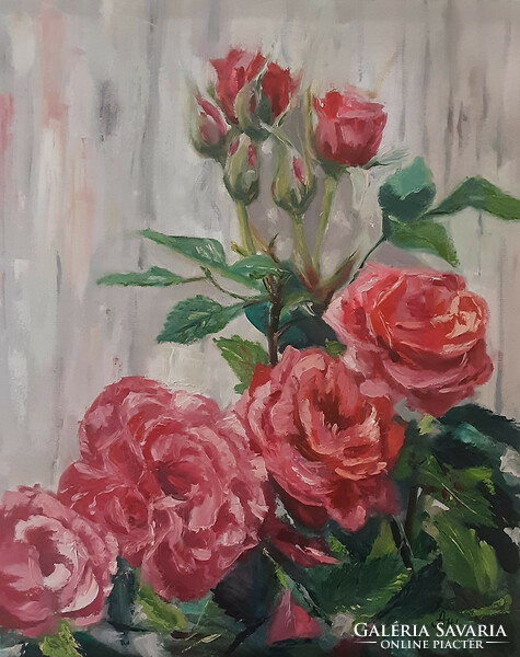 Antyipina Galina: Rózsák kerítésnél, olajfestmény, vászon, festőkés, 50x40cm