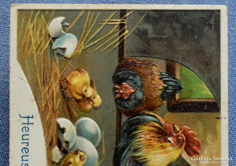 Antik dombornyomott Húsvéti litho üdvözlő képeslap - baromfiudvar / tyúk, kakas ,csibék