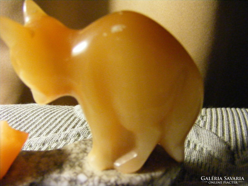Hand-carved retro Russian selenite statue on a marble base - the hedgehog and the fox