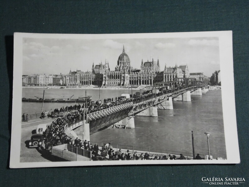 Postcard, Budapest Kossuth Bridge, traffic, crossing the bridge, country house view